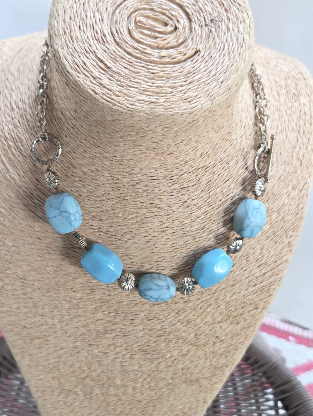 Vintage Unique Monet MCM Faux Chunky Turquoise Gold-tone Adjustable Necklace